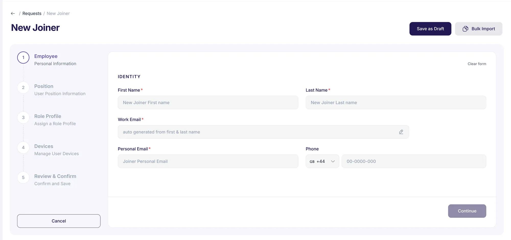 The New Joiner request in Tenriva: five steps down the left, from the employee’s details to review and confirm, with the identity form open.