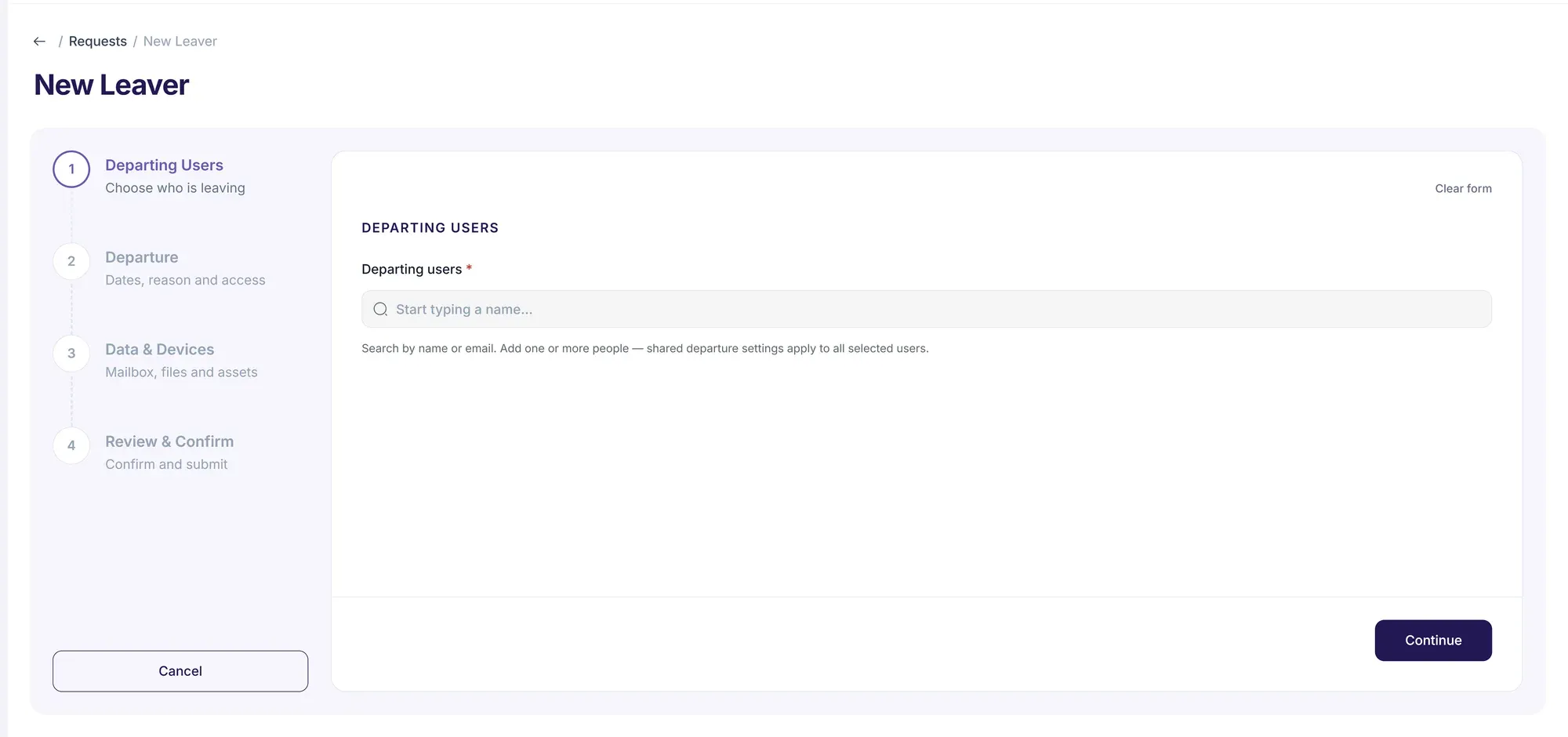 The New Leaver request in Tenriva: four steps, from choosing who is leaving to confirming, with the departing users field open.