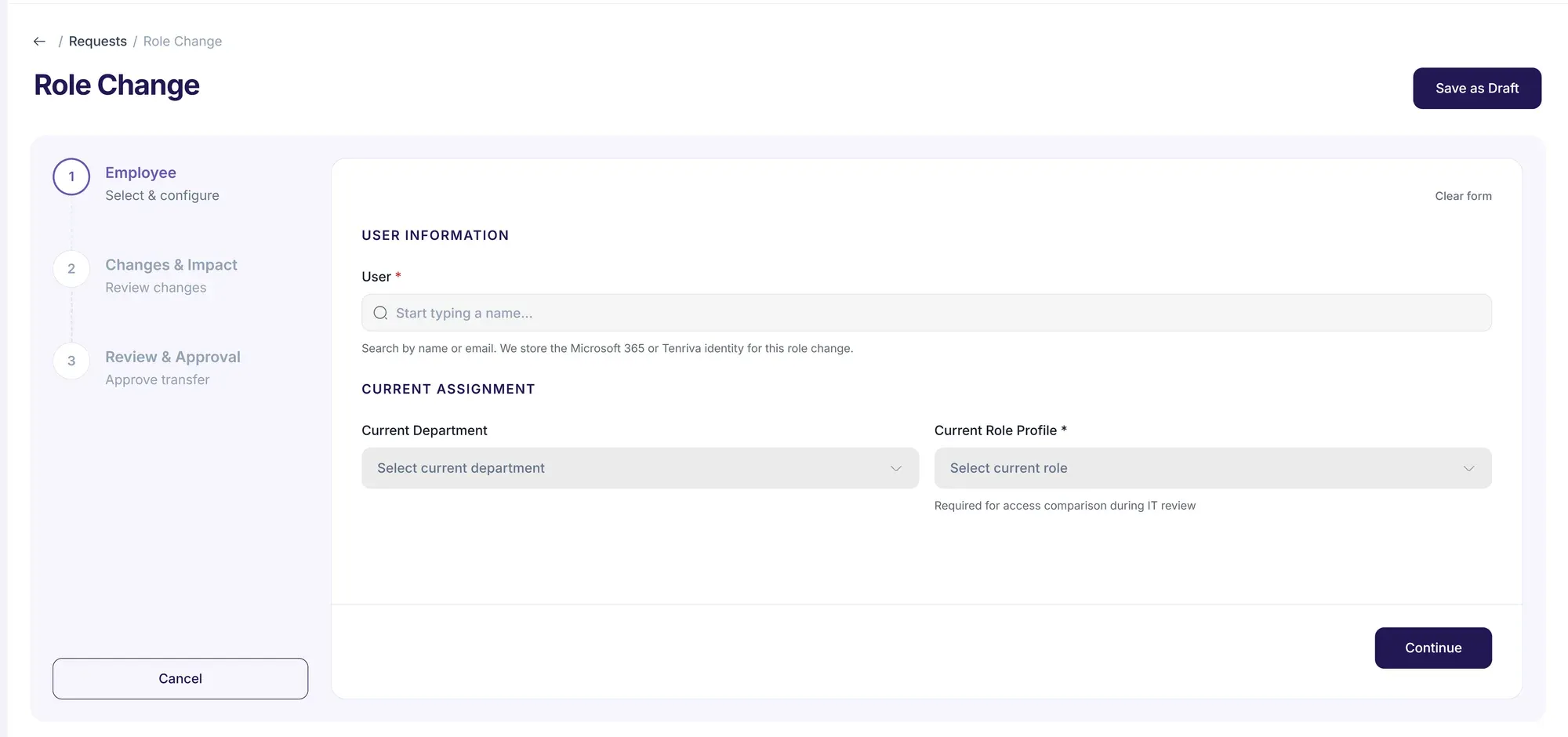 The Role Change request in Tenriva: three steps, from choosing the employee to reviewing the changes and their approval, with the user and current assignment fields open.